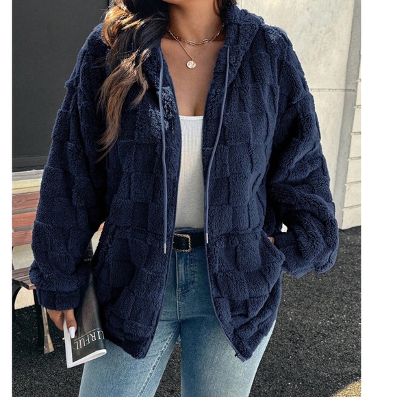 Plus Solid Dusty Blue Checkered zip up Drawstring Hoodie Jacket - Picture 3 of 10